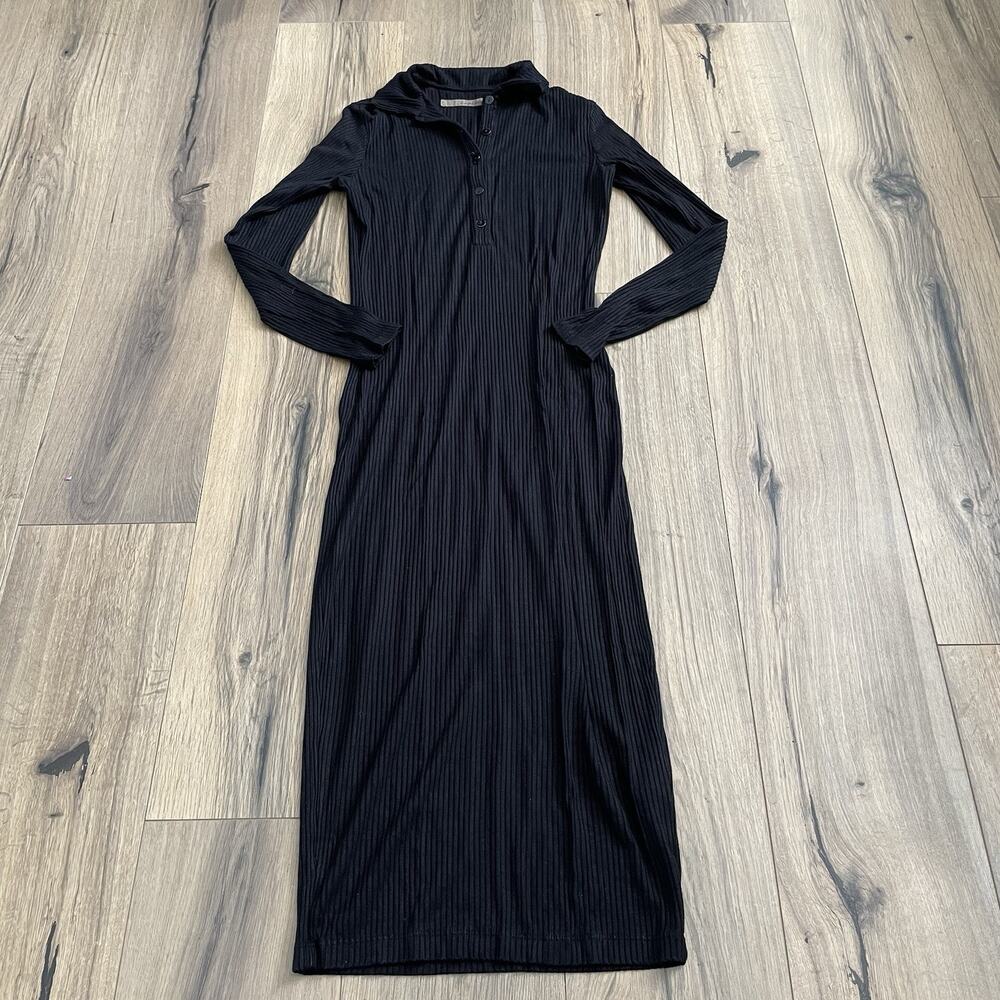 Enza Costa Black Ribbed Knit Polo Dress Collared Midi Long Sleeve Bodycon